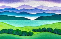 watercolor painting of mountains and trees in the distance