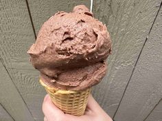 a hand holding an ice cream cone with chocolate frosting