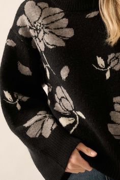 Floral-pattern jacquard knit sweater. High mock neckline. Long, wide sleeves. Drop shoulder. Ribbed collar, cuffs, and hem. Relaxed fit. 51% Acrylic, 29% Nylon, 20% Polyester. Imported. Designed in LA. Model wears size S. Winter Jacquard Knit Sweater, Cold Weather Long Sleeve Jacquard Knit Sweater, Luxury Jacquard Knit Winter Sweater, Cold Weather Long Sleeve Jacquard Sweater, Patterned Jacquard Knit Long Sleeve Sweater, Winter Bouquet, Jacquard Sweater, Floral Jacquard, Mock Neckline