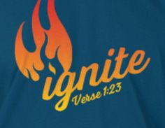 a blue shirt with an orange and yellow flame on it that says igne verse