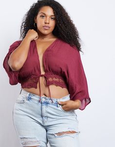 Turn heads in the sultry new Curve Unforgettable Top! This flirty top features a tie front with a plunging v-shaped neckline, lace and mesh detailing along the bottom hem, and loose, flowy sleeves. The top is made from a sheer, lightweight material and has a cropped and loose silhouette to show off your best assets! We love it paired it with some dark skinny jeans and some high heels for a night out. Model is 5'10", bust 36DD, waist 35", hips 49", and is wearing a size 1XL. Materials and Care:Th Flirty Tops, Curvy Women Outfits, Flowy Sleeves, Curvy Girl Outfits, Alternative Outfits, Curvy Outfits, Cozy Fashion, Style Outfits, Curvy Fashion