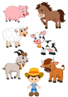 cartoon farm animals and their names on a white background stock photo - budget cut outs