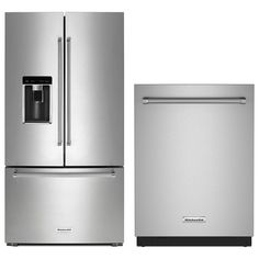 two stainless steel refrigerators and a dishwasher with water dispenser