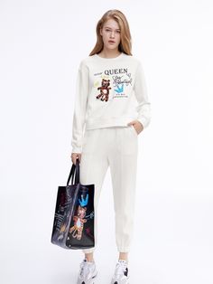 Details: Long sleeve crewneck sweatshirt in off-white Tiger Queen motif embroidered on front Classic fit Pair with 'Tiger Queen' Sweatpants Materials & Care: 62.8% Viscose, 37.2% Polyester Hand wash | Dry clean Do not bleach Size & Fit: Model is 5'7", Bust 32, Waist 24, Hips 35, wearing a size S Item #: LL1SW071B Tiger Graffiti, Casual Aesthetics, Red Puffer Jacket, Denim Jean Dress, Red Puffer, Vegan Leather Tote Bag, Vegan Leather Tote, Mid Length Skirts, Baseball Jacket