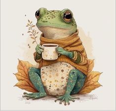 a frog sitting on top of a leaf with a cup in its hand and wearing a scarf