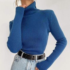 Basic Ribbed Cotton Turtleneck Sweaters - 20 Colors. One of must have essential items for when all else are failing. Just as is or for laying style, turtleneck sweaters always serve well when you need them. Keep a couple of them in different colors in closet for basic everyday looks or colorful ones for that oh happy days. ONE SIZE: Size Bust Sleeve Length One Size 68-106 cm / 26.8-41.7" 52 cm / 20.5" 53 cm / 20.9" Gender: WOMENItem Type : Top, Knitwear, SweaterCollar: TurtleneckMaterial: Nylon, Blue Turtleneck Outfit, Style Turtleneck, Cotton Turtleneck, Turtleneck Outfit, Turtleneck Sweaters, Chic Sweater, Chic Sweaters, Long Sleeve Knit Sweaters, Happy Days