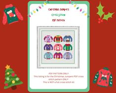 the christmas jumpers cross stitch pattern is displayed on a red background with other items