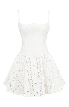 Dress up for date night in this lace-back mini shaped by a romantic corseted bodice and designed with embroidered eyelets in a dainty floral pattern. Exclusive retailer Adjustable back tie closure Sweetheart neck Adjustable straps Lined 100% cotton with 65% cotton, 32% nylon, 3% elastane contrast Dry clean or hand wash, line dry Imported Embroidered Mini Dress, Date Night In, Cloud Dancer, Fashion Collage, House Of Cb, Sweetheart Neck, Lace Back, Dress And Heels, Fancy Dresses