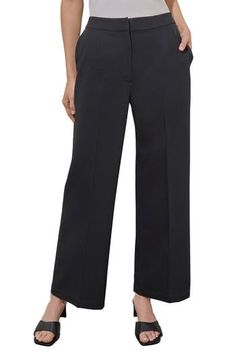 Staple pants in a classic wide-leg silhouette are crafted from a seasonless blend that stays neat and polished from desk to dinner. 29" inseam (size XS) Zip fly with hook-and-bar closure; back elastic waist Front slant pockets 78% polyester, 18% rayon, 4% spandex Hand wash, dry flat Imported Black Wide Leg Pants With Pressed Crease, Business Casual Wide Leg Pants With Pressed Crease, Wide Leg Work Pants With Welt Pockets, Formal Wide Leg Pants With Pressed Crease, Classic Straight Leg Career Bottoms, Tailored Wide Leg Career Pants, Business Casual Full-length Wide Leg Pants With Welt Pockets, Classic Wide Leg Ankle-length Pants For Business, Elegant Office Work Pants For Fall