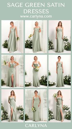 the sage green satin bridesmaid dress is shown in multiple pictures, including one side slit