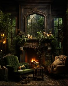 a living room filled with furniture and a fire place in front of a fireplace surrounded by greenery