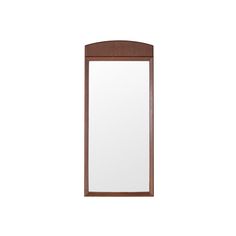 an empty mirror on a white wall with a brown frame and wood trim around the edges