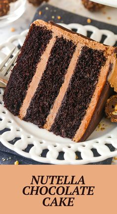 a slice of nutella chocolate cake on a white plate with the title overlay