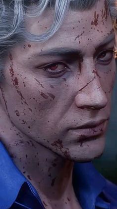 a close up of a person with white hair and blood on his face, wearing a blue shirt