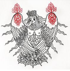 a black and white drawing of a woman with two red birds on her head, surrounded by ornate designs