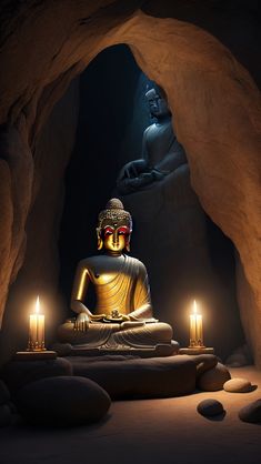 a buddha statue sitting in the middle of a cave with candles lit up around it