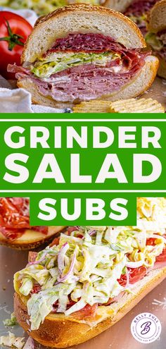 a sandwich that is cut in half and has the words grinder salad subs on it