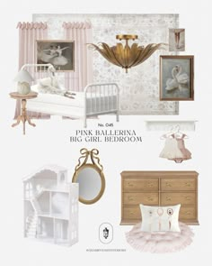 pink and gold nursery decor with white furniture, baby's crib, mirror, dresser