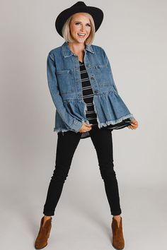 Chic Denim Outerwear With Frayed Hem, Chic Fall Denim Jacket With Frayed Hem, Fall Workwear Denim Jacket With Frayed Hem, Fall Denim Jacket With Frayed Hem For Work, Spring Denim Jacket With Frayed Hem For Work, Spring Workwear Denim Jacket With Frayed Hem, Frayed Hem Denim Jacket For Work In Fall, Trendy Fall Denim Top With Frayed Hem, Chic Washed Denim Top For Fall