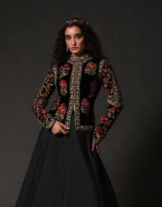 Rohit Bal-Black Silk Velvet Short Jacket-INDIASPOPUP.COM Arab Dress, Mandarin Collar Jacket, Black Lehenga, Velvet Dress Designs, Rohit Bal, Lehenga Blouse, Velvet Shorts, Women Coat, Celeb Style