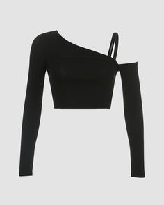 Details: Long-sleeve crop top with asymmetrical shoulder cut-out design Top Length: Cropped Sleeve Length: Long Sleeves Materials: 95% Cotton + 5% Spandex Solid One Shoulder High Stretch Tops, Black Stretch Asymmetrical Crop Top, Black Asymmetrical Stretch Crop Top, Stretch One Shoulder Crop Top For Night Out, Asymmetrical Stretch Crop Top For Night Out, One-shoulder Stretch Crop Top, Solid Fitted One-shoulder Crop Top, Fitted One Shoulder Crop Top, Fitted Solid Color One-shoulder Crop Top