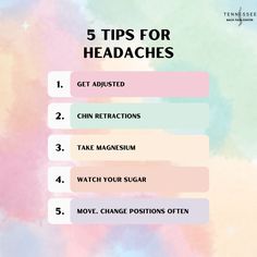 Do you suffer from headache or migraines? Try these 5 tips for eliminating headaches. Tip #1 - Get Adjusted. Tip #2 - Chin Retractions. Tip #3 - Take a magnesium supplement. Tip #4 - Watch your sugar intake. Tip #5 - Move! Don’t suffer from headaches alone. Give us a call today at (615)-900-5187 and let us help! Magnesium Supplement, Dry Needling, For Headaches, Sugar Intake, Chiropractic, Migraine, Headache