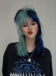 Split Color Hair Ideas, Hair Dye Half Up Half Down, Emo Split Dyed Hair, Blue Blonde Split Dye, Fashion Color Ideas Hair, Blue Blonde Black Hair, Blue Half And Half Hair, Hair Colour Ideas Half And Half, Hair Dye Ideas For Pale Skin Blue Eyes