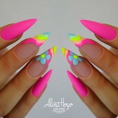 Simple Two Color Nail Designs, Bright Colored Nail Designs, Fun Neon Nails, Hot Pink Nail Designs, Nailart Summer, Nails Products, Matte Pink Nails, Summer Nails 2023, Neon Pink Nails