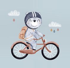 a drawing of a bear riding a bike with raindrops on the back and clouds in the background