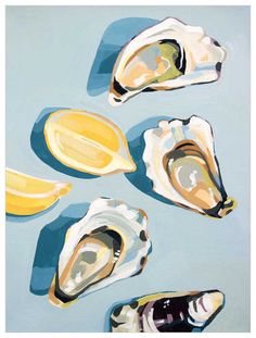 an oil painting of oysters on a blue background