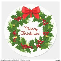 a christmas wreath with holly leaves and red bow round sticker on a white background