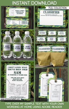 green camouflage printable water bottle labels and tags with instructions to make them look like they are