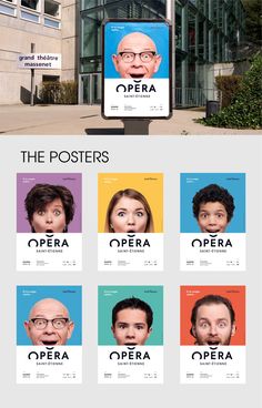 an advertisement for the opera is shown in front of a building with many different faces