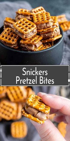 a hand holding a waffle sandwich with the words snickkers pretzel bites