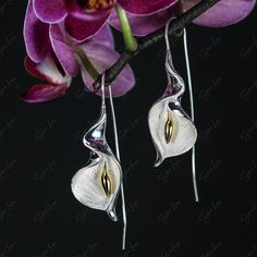 Calla lily flower dangle drop earrings Elegant Metal Jewelry With Flower Charm, Elegant Jewelry With Flower Pendant And Matching Earrings, Elegant Teardrop Earrings With Flower Charm, Elegant Flower Teardrop Earrings For Gift, Elegant Flower Shaped Teardrop Earrings, Elegant Metal Flower Earrings For Gift, Sterling Silver Dangle Earrings With Flower Charm, Silver Sterling Flower Pendant Earrings, Silver Single Elegant Flower Earring