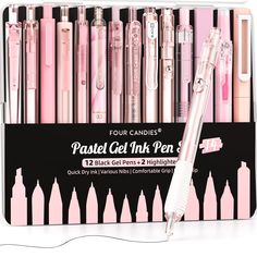 pink and white pens are in a display case with the words pastel gel ink pen