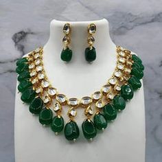 Gold Rodium Polish Green color Necklace in Metal Alloy studded with Beads, Kundan Handmade Kundan Jewellery, Punjabi Jewelry, Diamond Nose Ring, Kundan Jewellery Set, Necklace Set Indian, Bridal Necklace Set, Color Necklace, Gold Jewelry Earrings, Kundan Necklaces