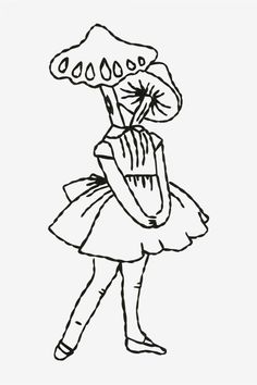 a black and white drawing of a girl in a dress holding an umbrella over her head