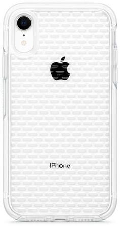 the back of an iphone case that has been made with clear material and features a black apple