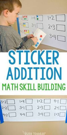 a young boy is working on his sticker addition math skills with the text, sticker addition math skill building