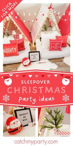 a collage of christmas party decorations with text overlay that reads sleepover christmas party ideas