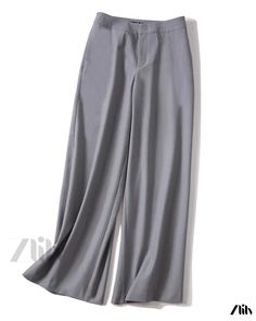 Zlily - Stylish Wide-Leg Trousers - Fashionable Long Pants Elegant Non-stretch Gray Bottoms, Gray Stretch Wide Leg Pants For Fall, Stretch Gray Wide Leg Pants For Fall, Wide-leg Stretch Dress Pants With Pockets, Stretch Wide-leg Dress Pants With Pockets, Chic Stretch Gray Wide Leg Pants, Gray Ankle-length Wide Leg Pants For Spring, Chic Gray Stretch Wide Leg Pants, Chic Gray Wide-leg Pants