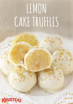 lemon cake truffles on a white plate