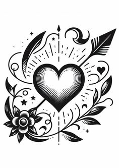 a black and white drawing of a heart with an arrow on it's side