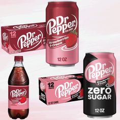 three dr pepper sodas, two strawberry juice and one zero sugar drink are shown