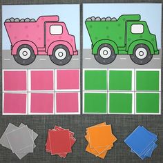 the construction vehicles are cut out and placed on top of each other with different colored squares