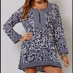 Nwot This Lightweight Tunic Has A Cute Notch Neckline And Side Slits. Can Be Worn As A Dress Or With Leggings. Amazing For Spring/Summer! 100% Polyester Hand Wash White Printed Long Sleeve Tunic, White Bohemian Printed Tunic, Long Sleeve Floral Print Tunic For Vacation, Blue Floral Print Long Sleeve Tunic, White Tapestry, Wardrobe Update, Boho Chic Outfits, Fashion Over 40, Clothing Dresses