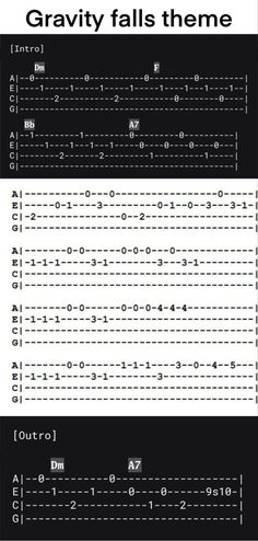 the guitar tabs are shown in black and white, with text that reads gravity falls theme