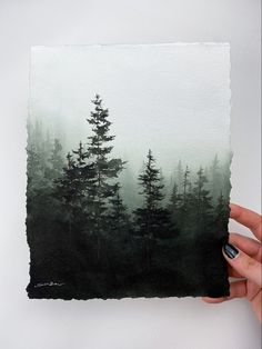 Misty forest, foggy evergreens, moody art, Pacific Northwest, foggy green pines in original watercolor Pacific Northwest Watercolor, Mystic Watercolor, Rainy Day Nature, Nordic Watercolor, Landscapes Watercolor, Pacific Northwest Art, Basic Painting