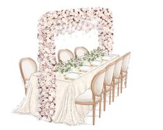 a drawing of a table set for a formal dinner with white linens and flowers